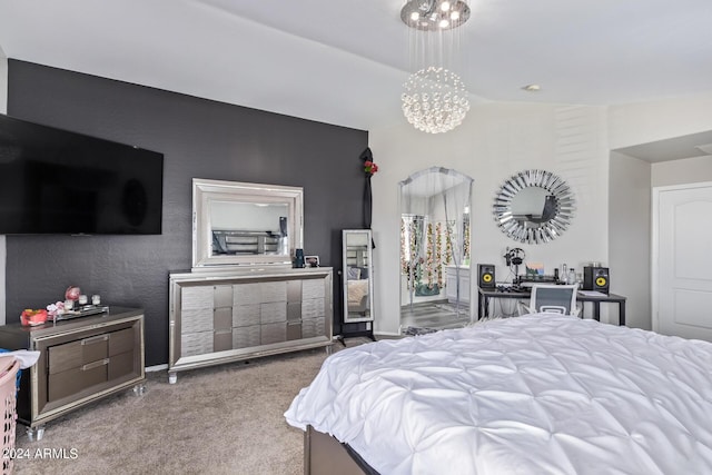carpeted bedroom with baseboards, a notable chandelier, and lofted ceiling