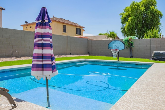 view of swimming pool featuring a fenced backyard and a fenced in pool