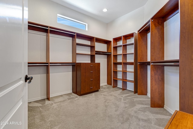 walk in closet featuring light carpet