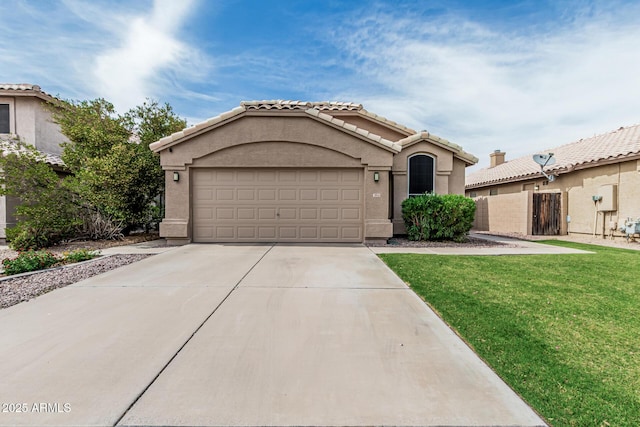 3856 E Encinas Ave, Gilbert, AZ 85234 - mediterranean / spanish house featuring driveway, a garage, stucco siding, and a tile roof