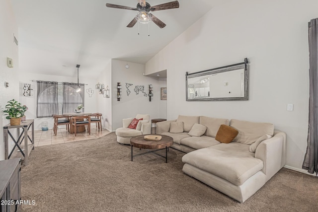 3856 E Encinas Ave, Gilbert, AZ 85234 - living area with ceiling fan, carpet, lofted ceiling, and baseboards