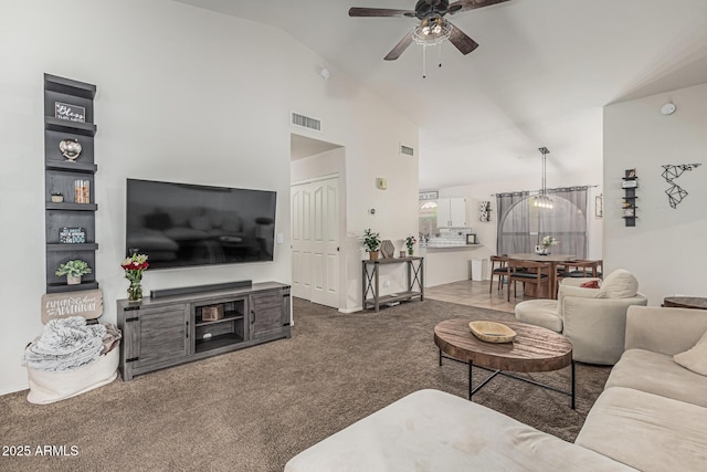 3856 E Encinas Ave, Gilbert, AZ 85234 - living room featuring ceiling fan, vaulted ceiling, and carpet