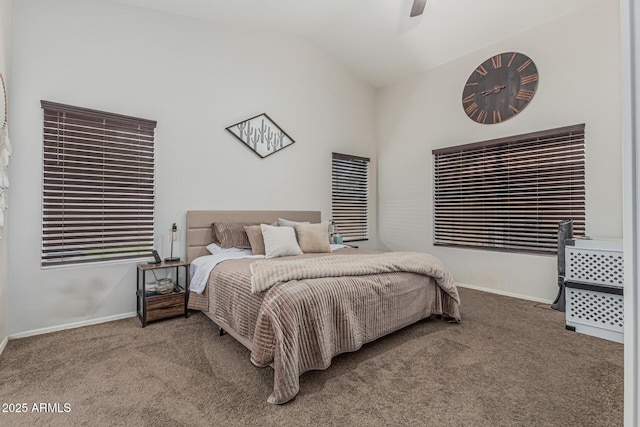 3856 E Encinas Ave, Gilbert, AZ 85234 - carpeted bedroom with vaulted ceiling, baseboards, and a ceiling fan