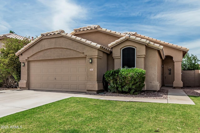 3856 E Encinas Ave, Gilbert, AZ 85234 - mediterranean / spanish house with an attached garage, driveway, stucco siding, and a tile roof