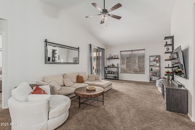 3856 E Encinas Ave, Gilbert, AZ 85234 - carpeted living area with high vaulted ceiling and a ceiling fan