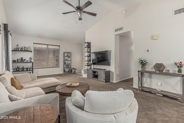 3856 E Encinas Ave, Gilbert, AZ 85234 - living area featuring carpet floors, a ceiling fan, high vaulted ceiling, and baseboards