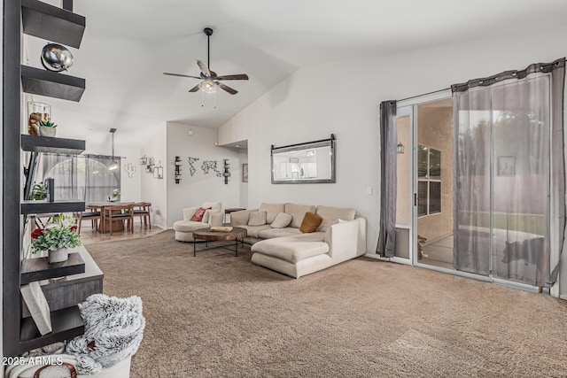 3856 E Encinas Ave, Gilbert, AZ 85234 - living area featuring carpet floors, lofted ceiling, and a ceiling fan