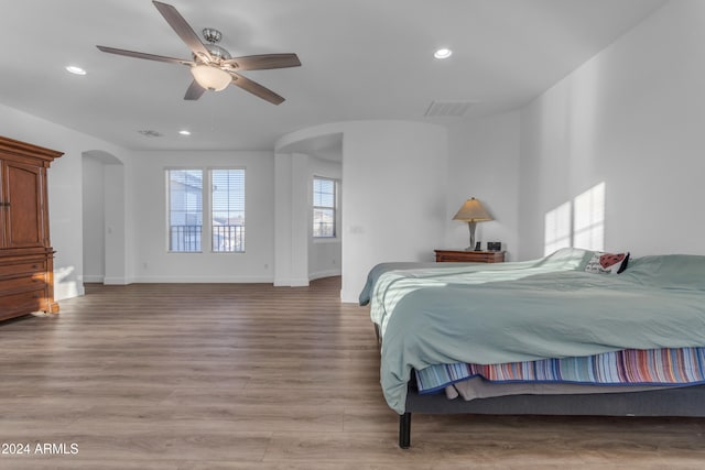 bedroom featuring ceiling fan and light wood-type flooring