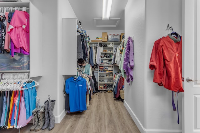 spacious closet with light hardwood / wood-style flooring