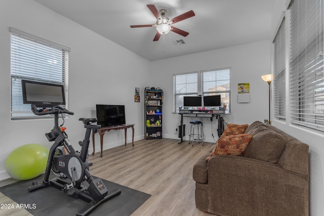 exercise area featuring ceiling fan and light hardwood / wood-style flooring