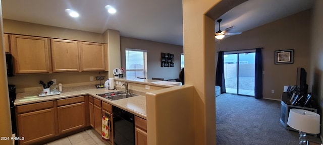 kitchen featuring ceiling fan, dishwasher, sink, kitchen peninsula, and light colored carpet