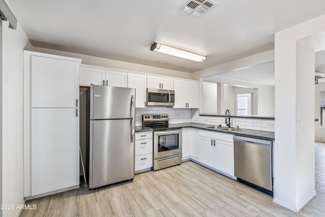 kitchen featuring white cabinetry, sink, decorative backsplash, stainless steel appliances, and light hardwood / wood-style flooring