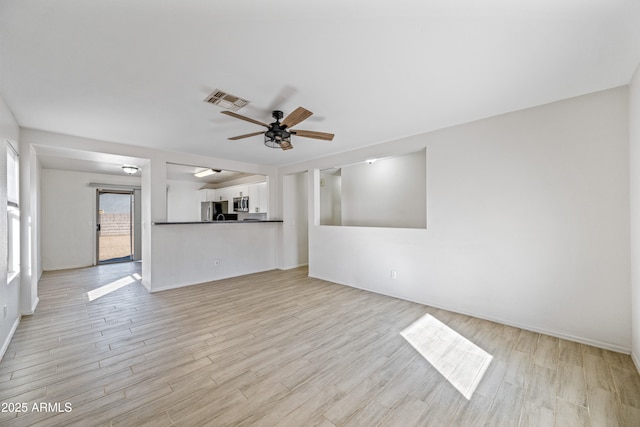 unfurnished living room featuring light wood-type flooring and ceiling fan