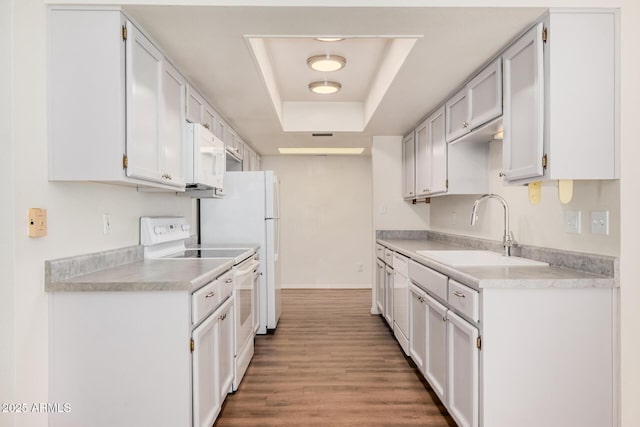 927 E Charleston Ave, Phoenix, AZ 85022 - kitchen featuring white appliances, a sink, a tray ceiling, light wood-style flooring, and light countertops