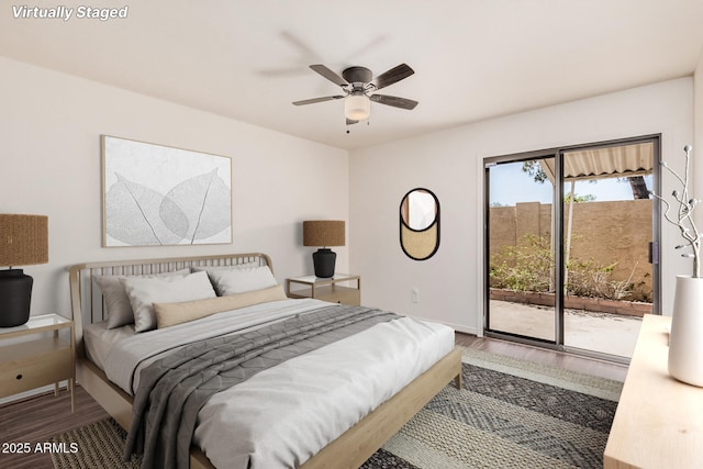 927 E Charleston Ave, Phoenix, AZ 85022 - bedroom featuring access to exterior, wood finished floors, baseboards, and ceiling fan