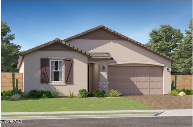 1432 W Ridge Rd, Apache Junction, AZ 85120 - view of front facade with a garage, stucco siding, decorative driveway, a front yard, and a tiled roof