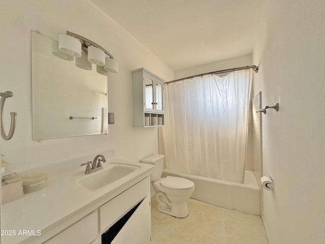 full bathroom with vanity, shower / tub combo with curtain, and toilet