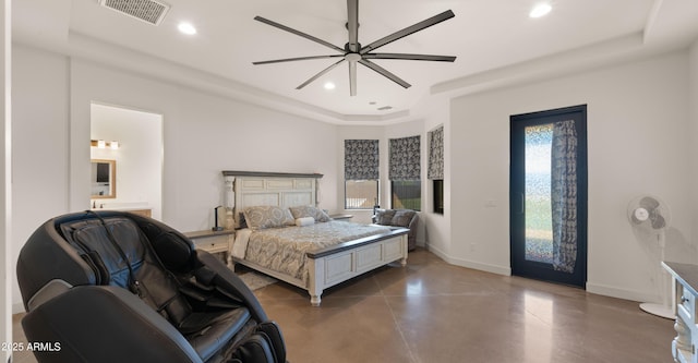 bedroom featuring visible vents, recessed lighting, finished concrete flooring, and baseboards