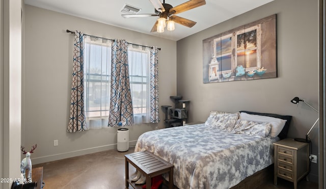 bedroom with visible vents, baseboards, and a ceiling fan