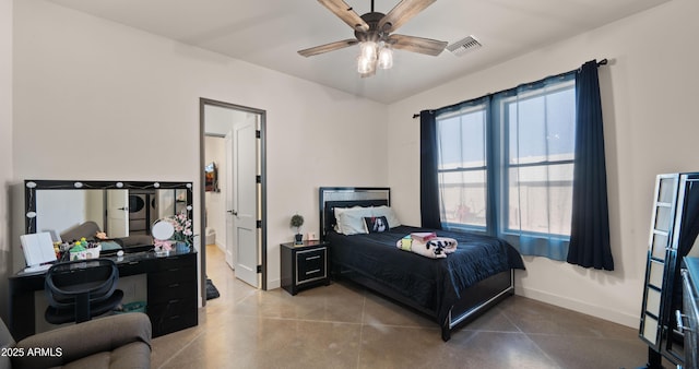 bedroom featuring baseboards, visible vents, concrete floors, and ceiling fan