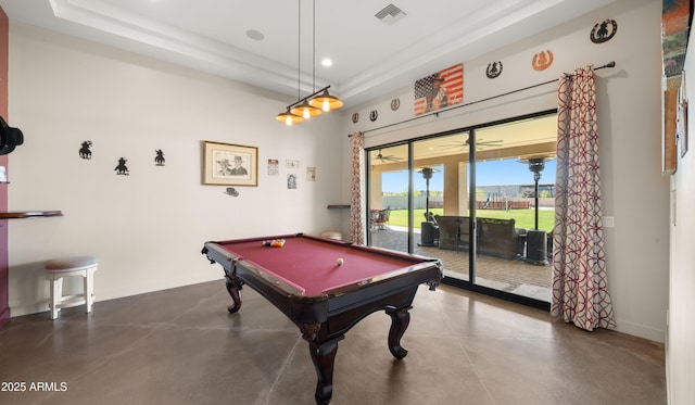 rec room with visible vents, finished concrete floors, recessed lighting, pool table, and baseboards