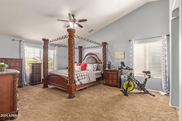 carpeted bedroom with lofted ceiling and ceiling fan