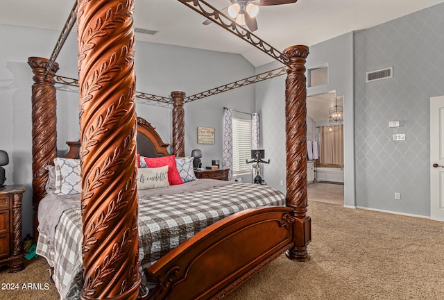 bedroom featuring vaulted ceiling, ceiling fan, and carpet