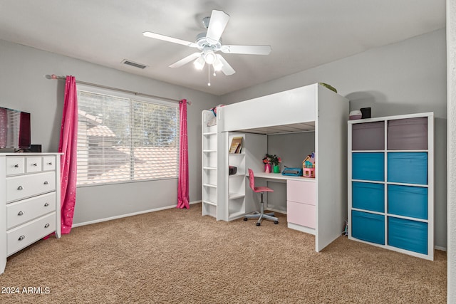 unfurnished bedroom with light carpet and ceiling fan