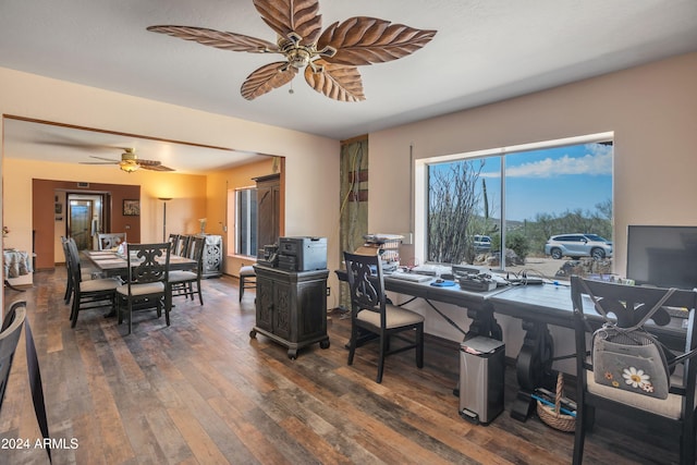 office with dark hardwood / wood-style flooring and ceiling fan