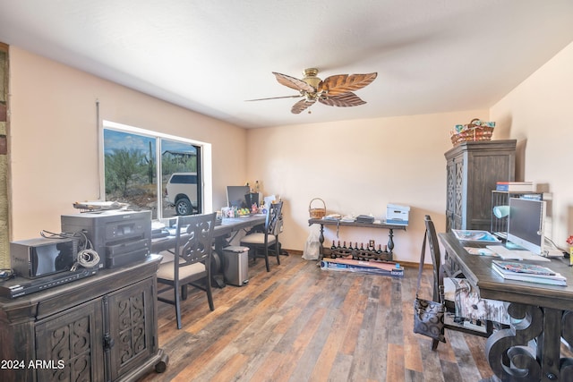 office area with hardwood / wood-style floors and ceiling fan