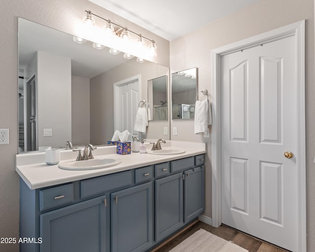 full bathroom featuring a sink, double vanity, and wood finished floors
