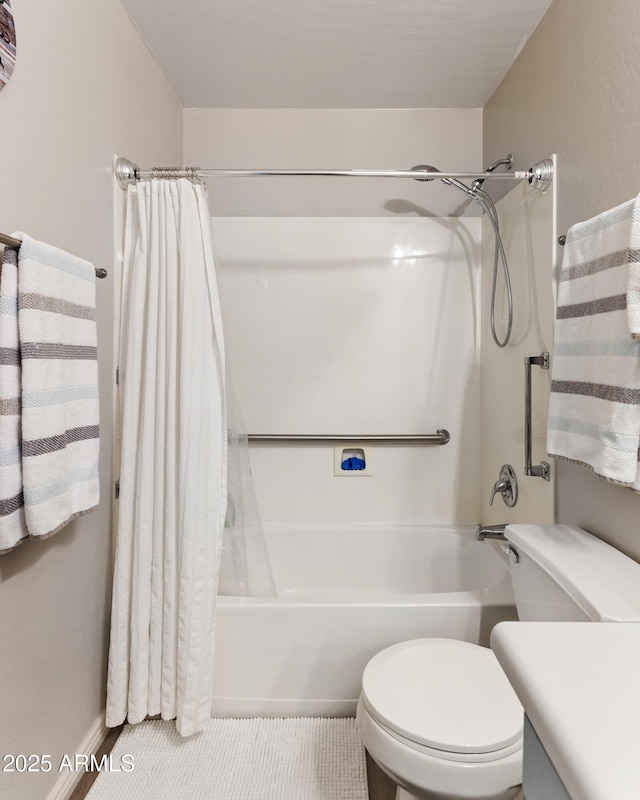full bath with toilet, shower / tub combo, and tile patterned floors