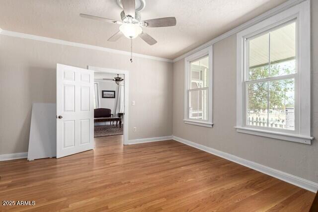 101 E Safford St, Tombstone, AZ 85638 - unfurnished room featuring ornamental molding, a ceiling fan, baseboards, and light wood-type flooring