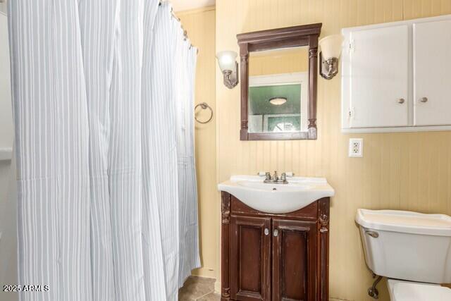 101 E Safford St, Tombstone, AZ 85638 - full bath with a shower with shower curtain, toilet, and vanity