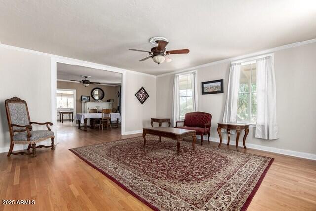 101 E Safford St, Tombstone, AZ 85638 - living area featuring wood finished floors, a ceiling fan, crown molding, and plenty of natural light