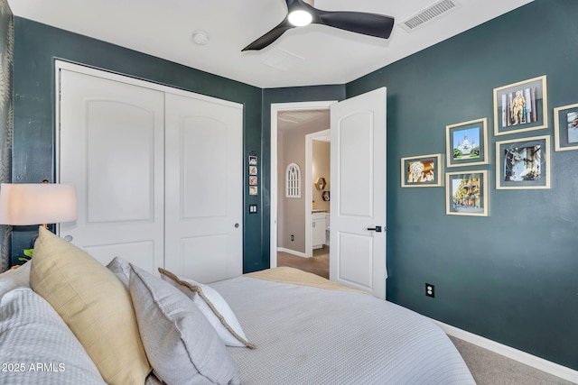 21266 S 213th Pl, Queen Creek, AZ 85142 - bedroom with carpet floors, baseboards, a closet, and a ceiling fan
