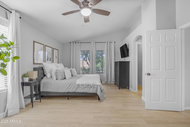 3349 E Flamingo Ct, Gilbert, AZ 85297 - bedroom featuring vaulted ceiling, light wood finished floors, and a ceiling fan