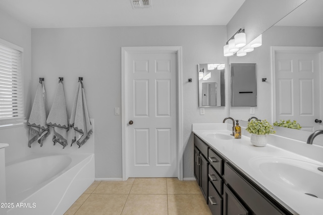 3349 E Flamingo Ct, Gilbert, AZ 85297 - full bathroom with double vanity, a garden tub, tile patterned floors, and baseboards