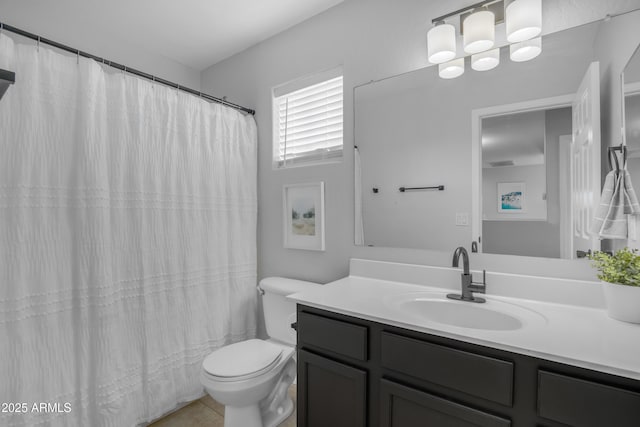 3349 E Flamingo Ct, Gilbert, AZ 85297 - bathroom featuring vanity, toilet, tile patterned floors, and a shower with curtain