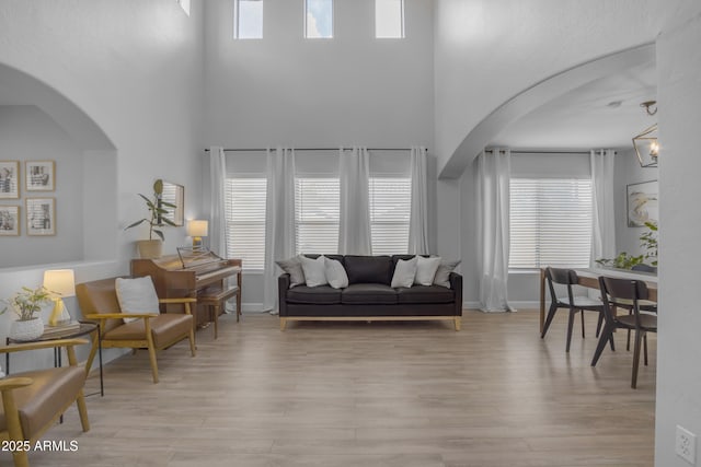 3349 E Flamingo Ct, Gilbert, AZ 85297 - living room with a high ceiling, light wood-style floors, arched walkways, and baseboards