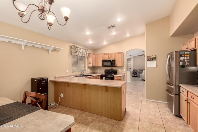 1347 E Vernoa St, San Tan Valley, AZ 85140 - kitchen featuring visible vents, arched walkways, light brown cabinets, a sink, and black appliances