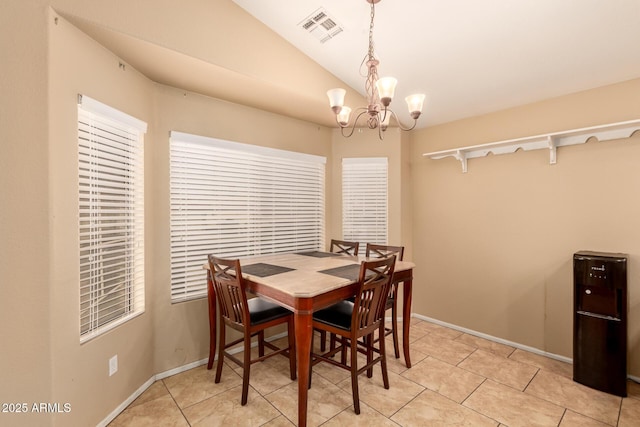 1347 E Vernoa St, San Tan Valley, AZ 85140 - dining room with light tile patterned flooring, visible vents, a chandelier, baseboards, and vaulted ceiling