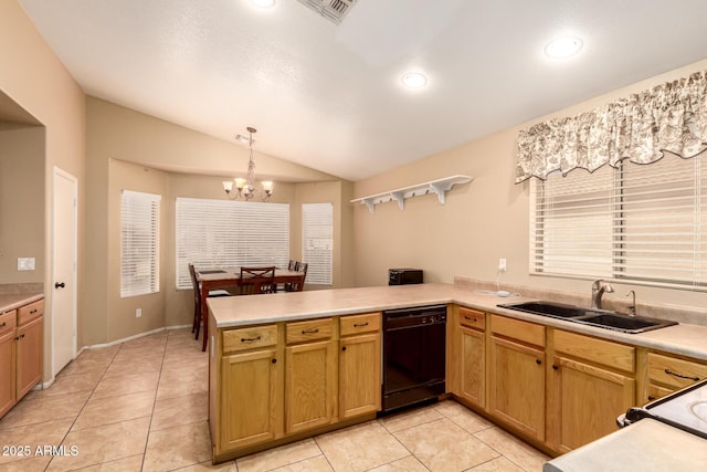 1347 E Vernoa St, San Tan Valley, AZ 85140 - kitchen featuring lofted ceiling, an inviting chandelier, a sink, dishwasher, and a peninsula