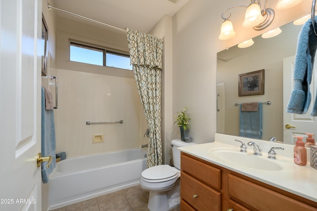 full bathroom featuring vanity, tile patterned floors, toilet, and shower / bath combo