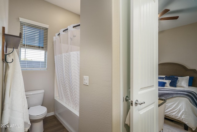 bathroom featuring shower / bath combination with curtain, ceiling fan, toilet, and wood-type flooring