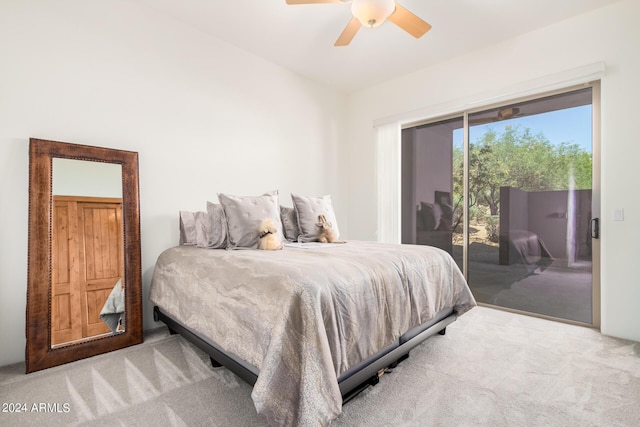 carpeted bedroom with access to outside and ceiling fan