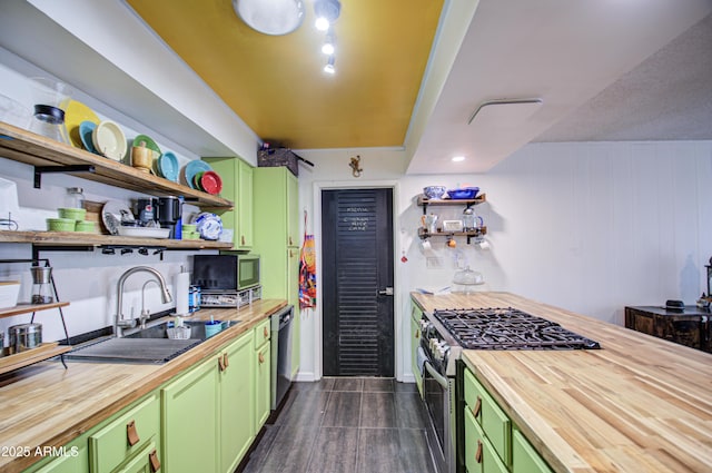 1340 E Townley Ave, Phoenix, AZ 85020 - kitchen with green cabinets, wooden counters, appliances with stainless steel finishes, and open shelves