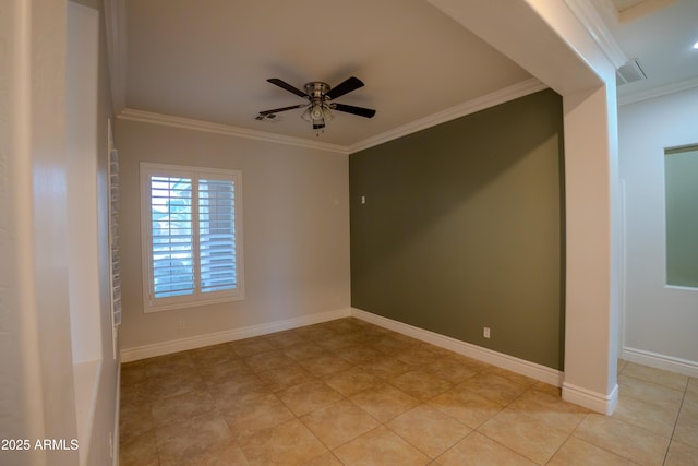 tiled empty room featuring ornamental molding and ceiling fan