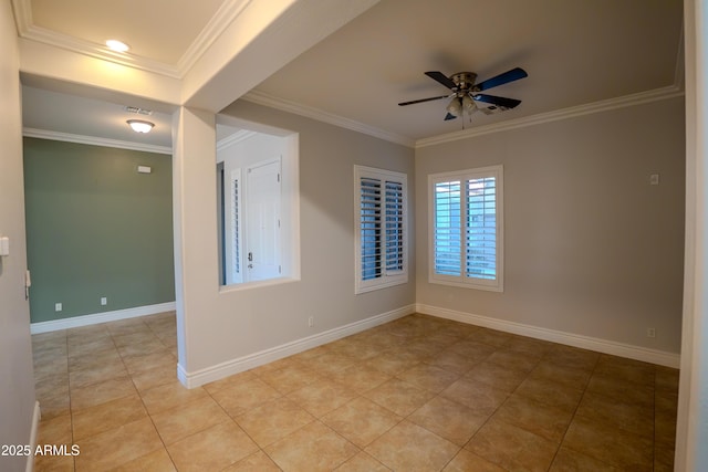 empty room with crown molding, ceiling fan, and light tile patterned floors