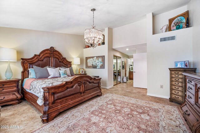 carpeted bedroom with baseboards, visible vents, and a chandelier